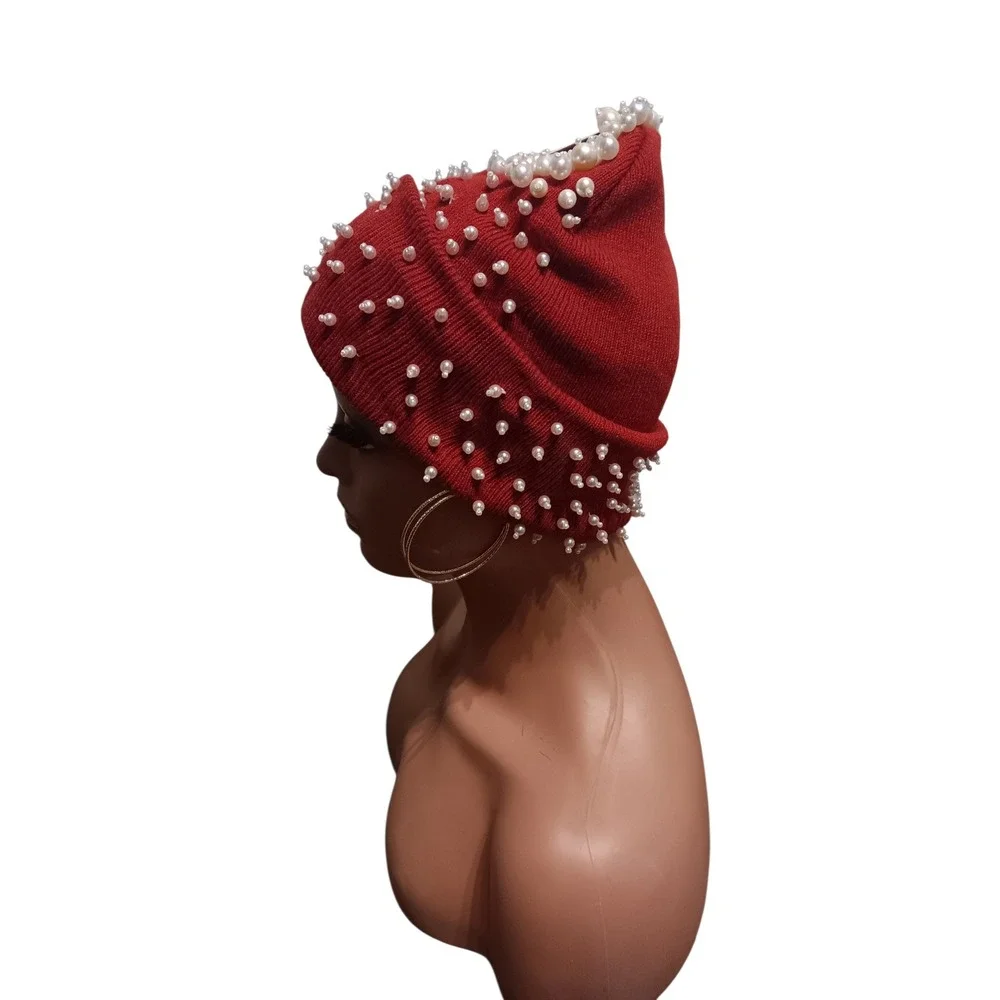 Red Burgundy Faux Pearl Hand Beaded Knit Cuffed Beanie Hat